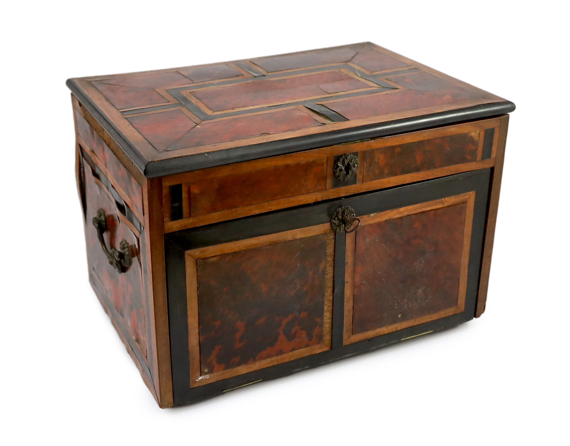 An early 18th century Indo Portuguese ebony, satinwood and red tortoiseshell travelling case, 42cm wide, 30cm deep, 29cm high. Ivory submission reference: YHDD1FSF